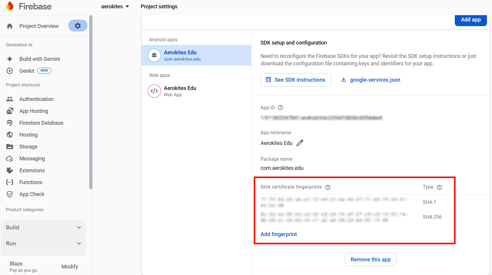 SHA-1 and SHA-256 Keys in Firebase